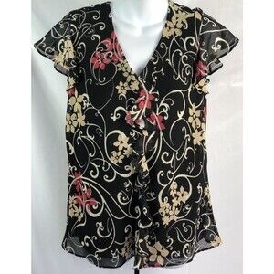 Vintage Top 14 blk/red floral Flutter sleeve ruffles Fairy whimsigoth boho